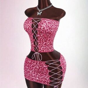 Pink Leopard Lace-Up Strapless Set